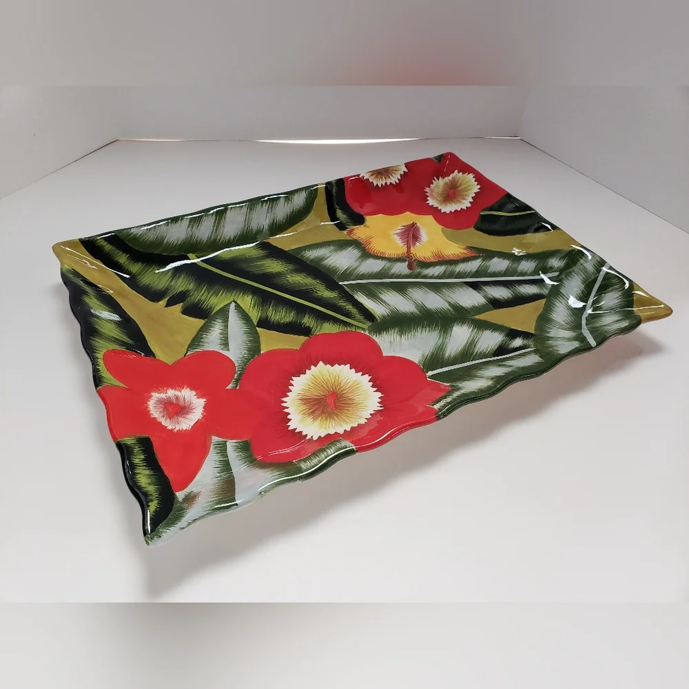 NWOT Ceramic Platter Plate Tray by Jay Import Painted Flower Large 18.5” X 13”